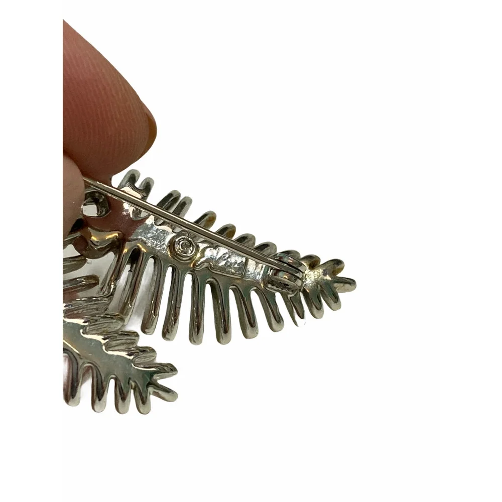 Vintage Cora Silver Tone Leaf Brooch Blue Rhinestones